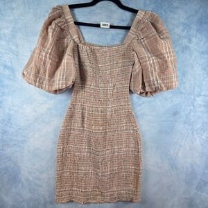 Atoir Fool To Love Dress Peach Plaid Smocked Puff Sleeve Mini Dress‎ Sz 4